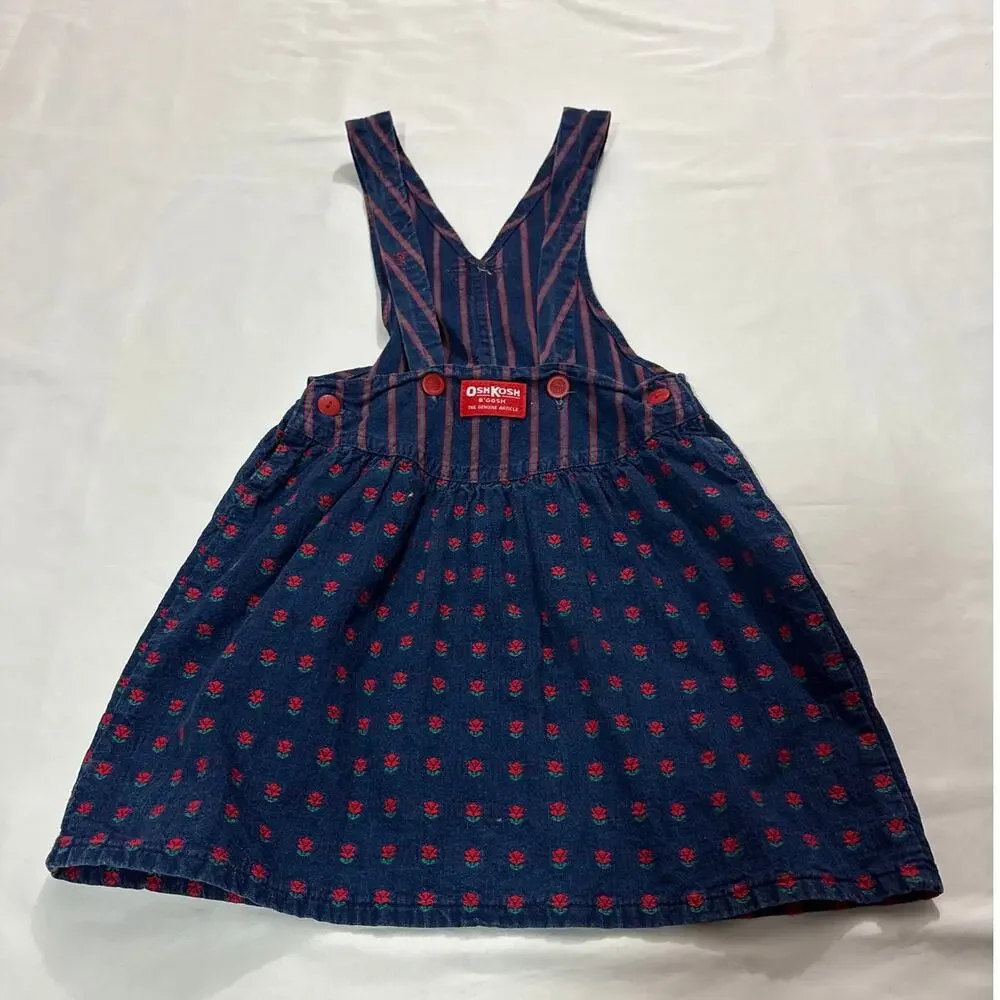 OshKosh B'Gosh Kids Vintage Paper Tag Girls 4 Rose Floral Denim Overall Dress